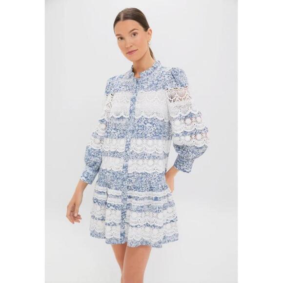 Tuckernuck Hyacinth House Lace Trim Blue Etched Floral Emmie Mini NWT XS - Picture 1 of 9